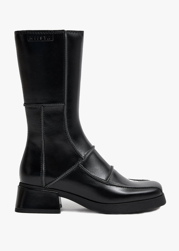 Miista Neaera Black Leather Block Heel Calf Boots