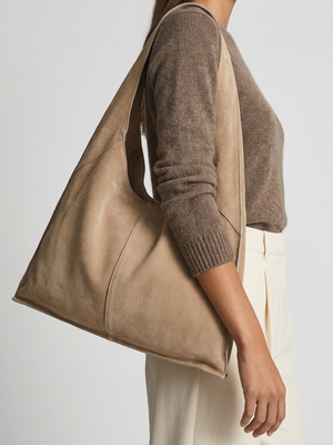 Maive Beige Suede Slouchy Shoulder Bag