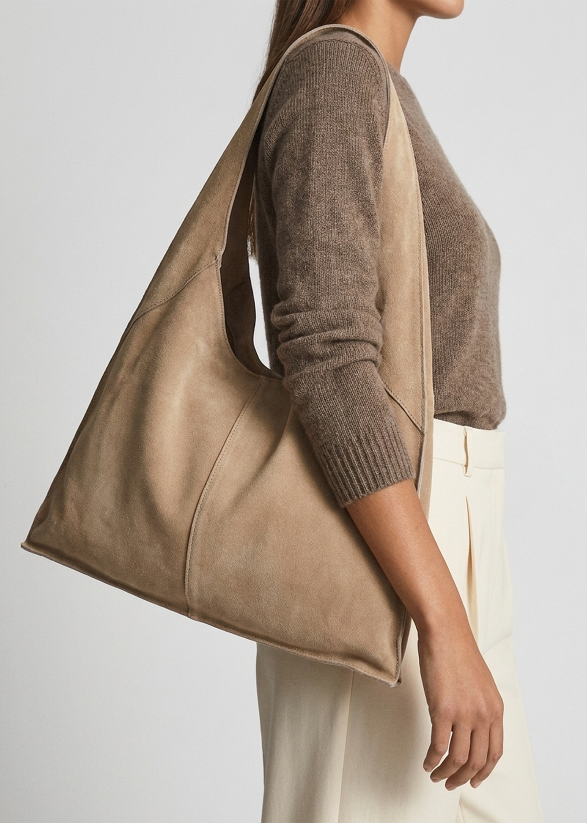 Maive Beige Suede Slouchy Shoulder Bag