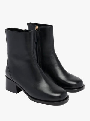 Bowland Black Leather Block Heel Ankle Boots