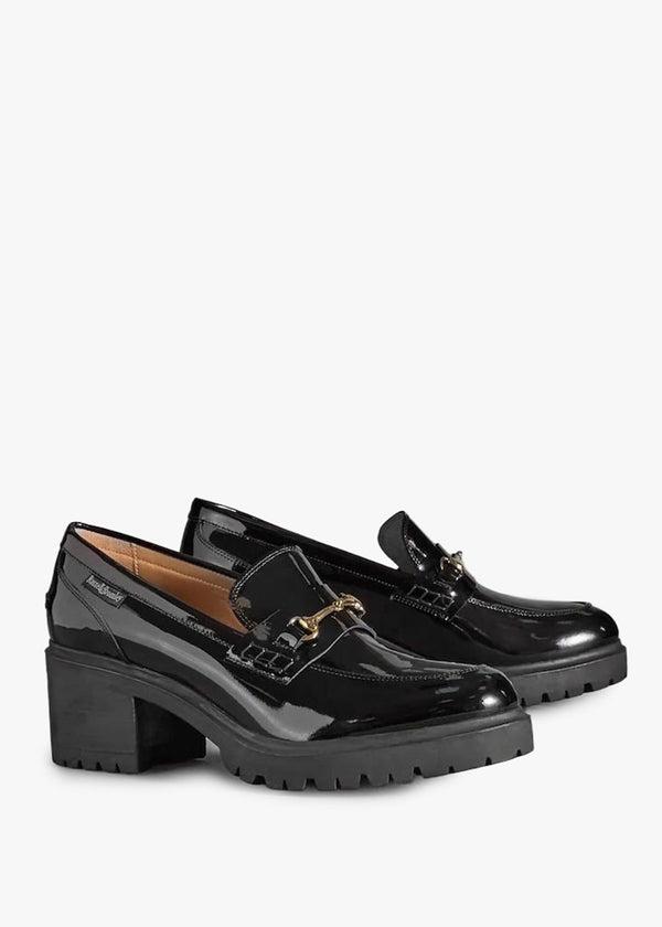 Brewster Black Leather Mid Heel Snaffle Loafers