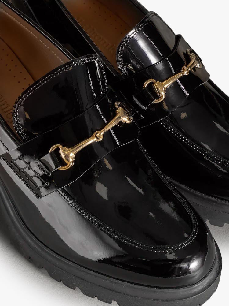 Brewster Black Leather Mid Heel Snaffle Loafers