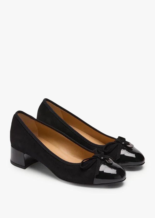 Charming Mid Black Leather Block Heel Court Shoes