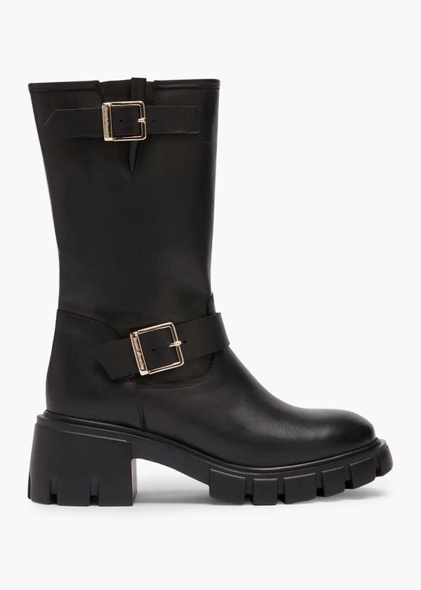 City Bike Black Leather Tall Biker Boots