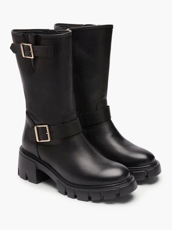 City Bike Black Leather Tall Biker Boots