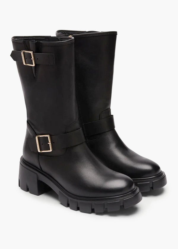City Bike Black Leather Tall Biker Boots