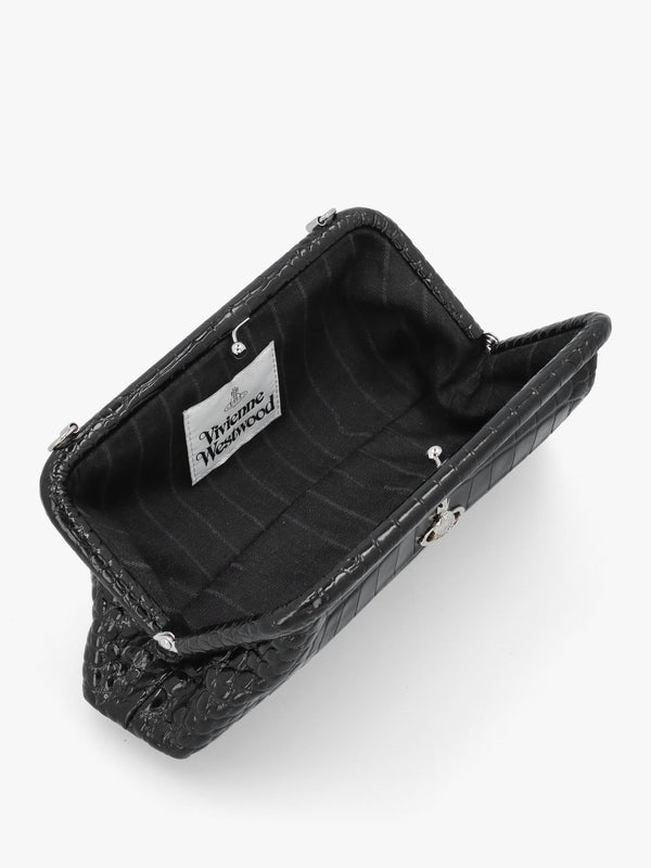 Jane Frame Croc Embossed Black Leather Shoulder Bag Purse