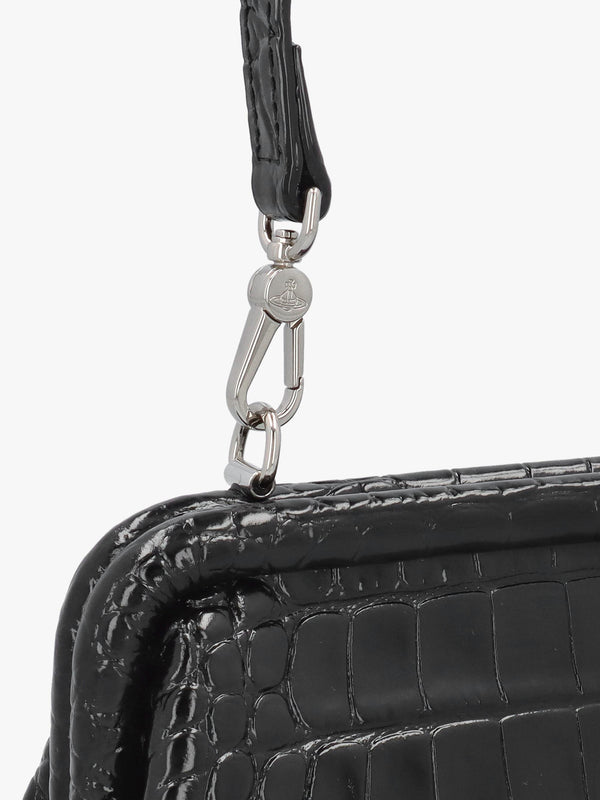 Jane Frame Croc Embossed Black Leather Shoulder Bag Purse