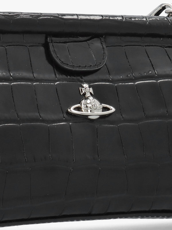 Jane Frame Croc Embossed Black Leather Shoulder Bag Purse