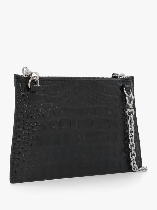 Small Flat Croc Embossed Black Leather Clutch Bag