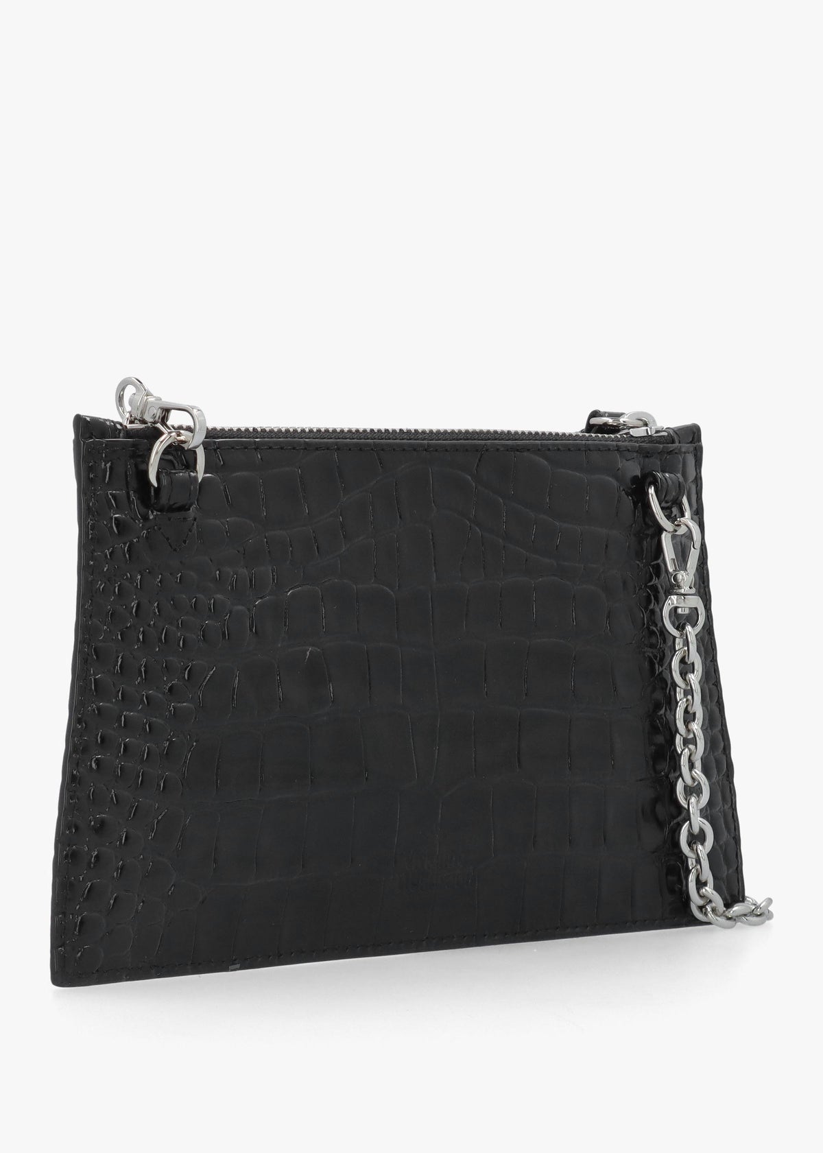 Small Flat Croc Embossed Black Leather Clutch Bag