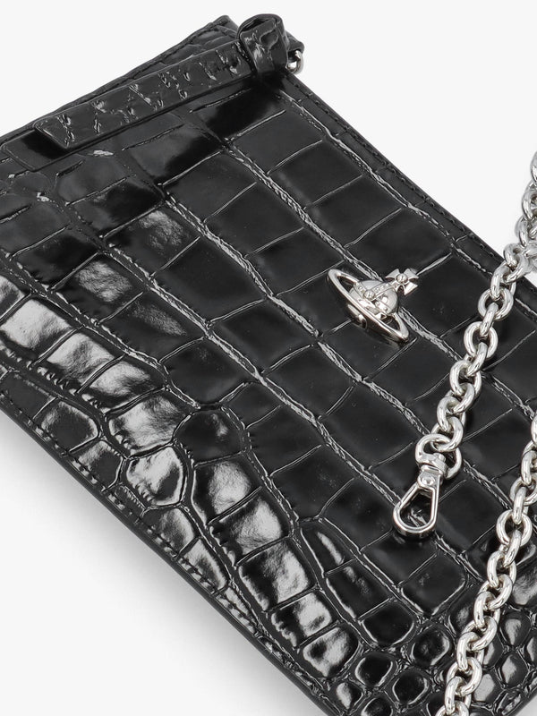 Small Flat Croc Embossed Black Leather Clutch Bag