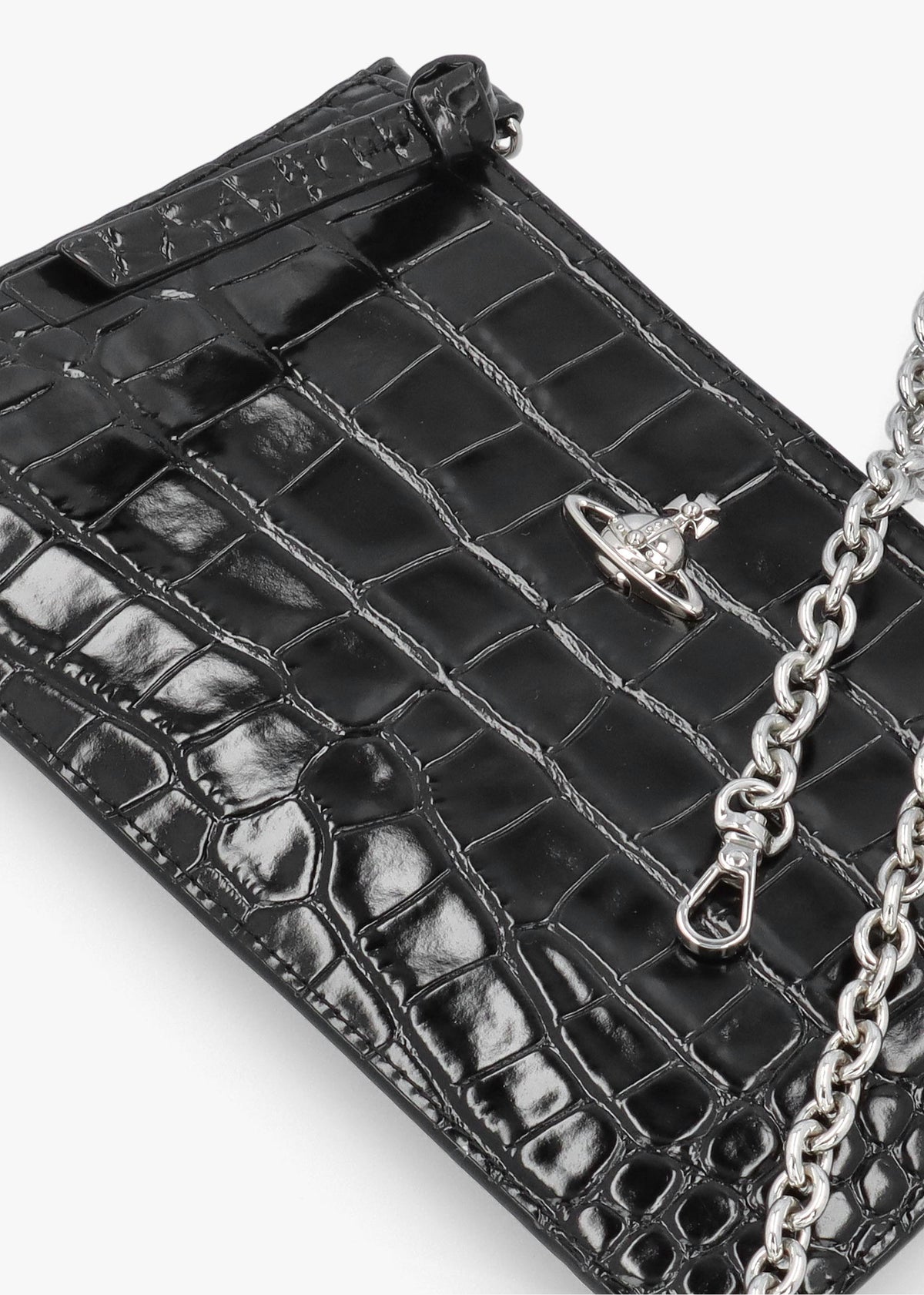 Small Flat Croc Embossed Black Leather Clutch Bag