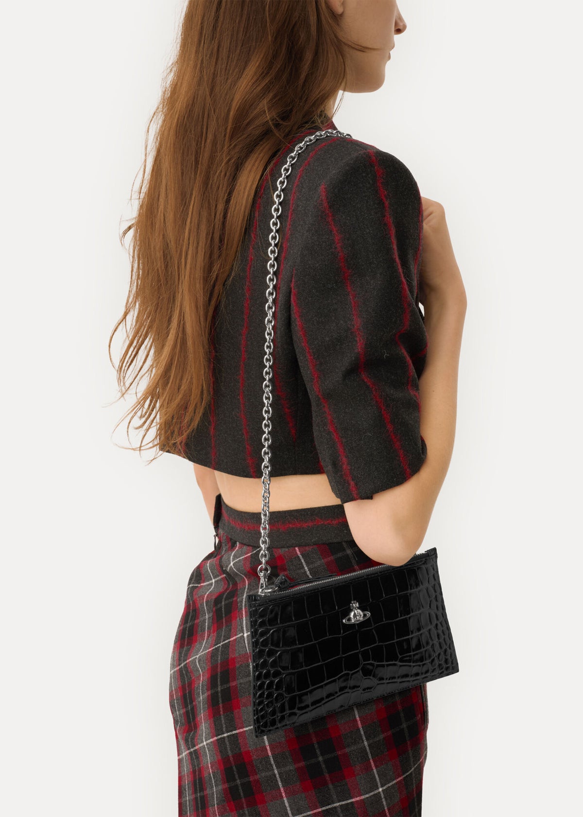 Vivienne Westwood Small Flat Croc Embossed Black Leather Clutch Bag