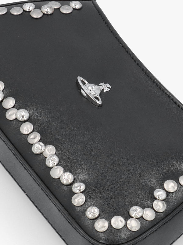 Tasha Studded Black Leather Shoulder Phone Bag