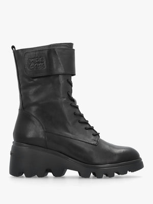 Wonders Black Leather Cleated Wedge Ankle Boots