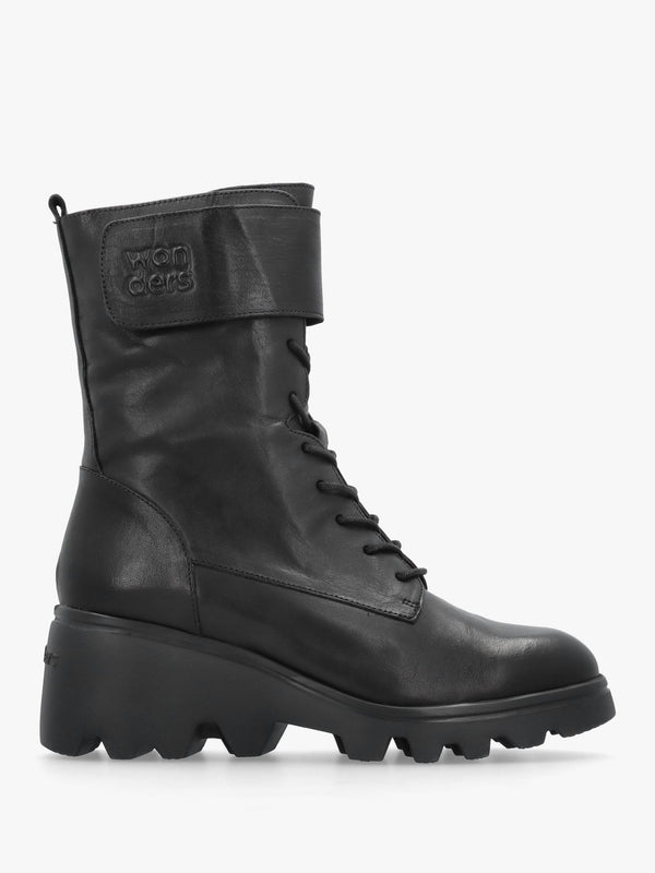 Wonders Black Leather Cleated Wedge Ankle Boots