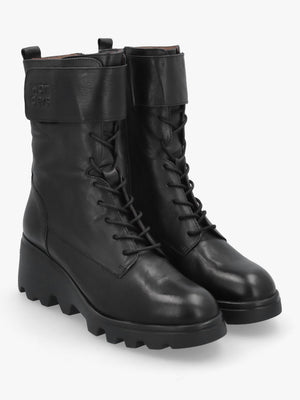 Wonders Black Leather Cleated Wedge Ankle Boots