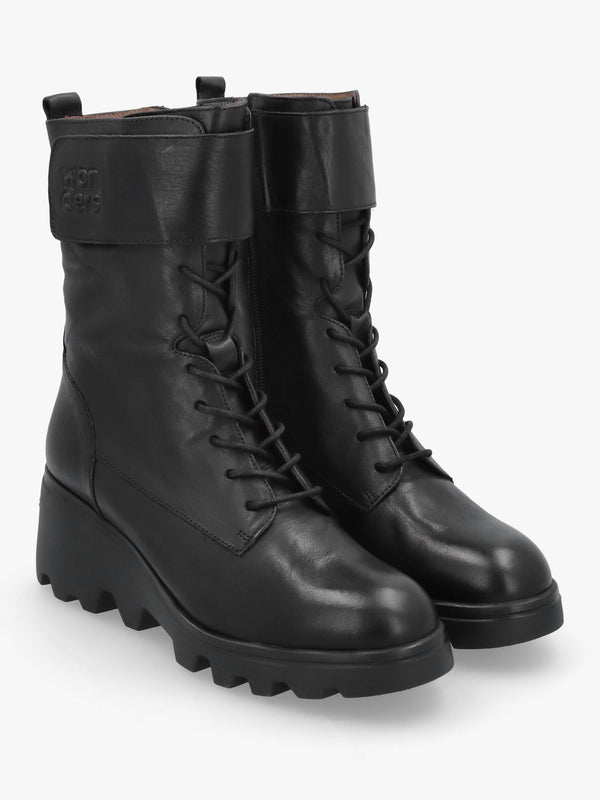 Wonders Black Leather Cleated Wedge Ankle Boots