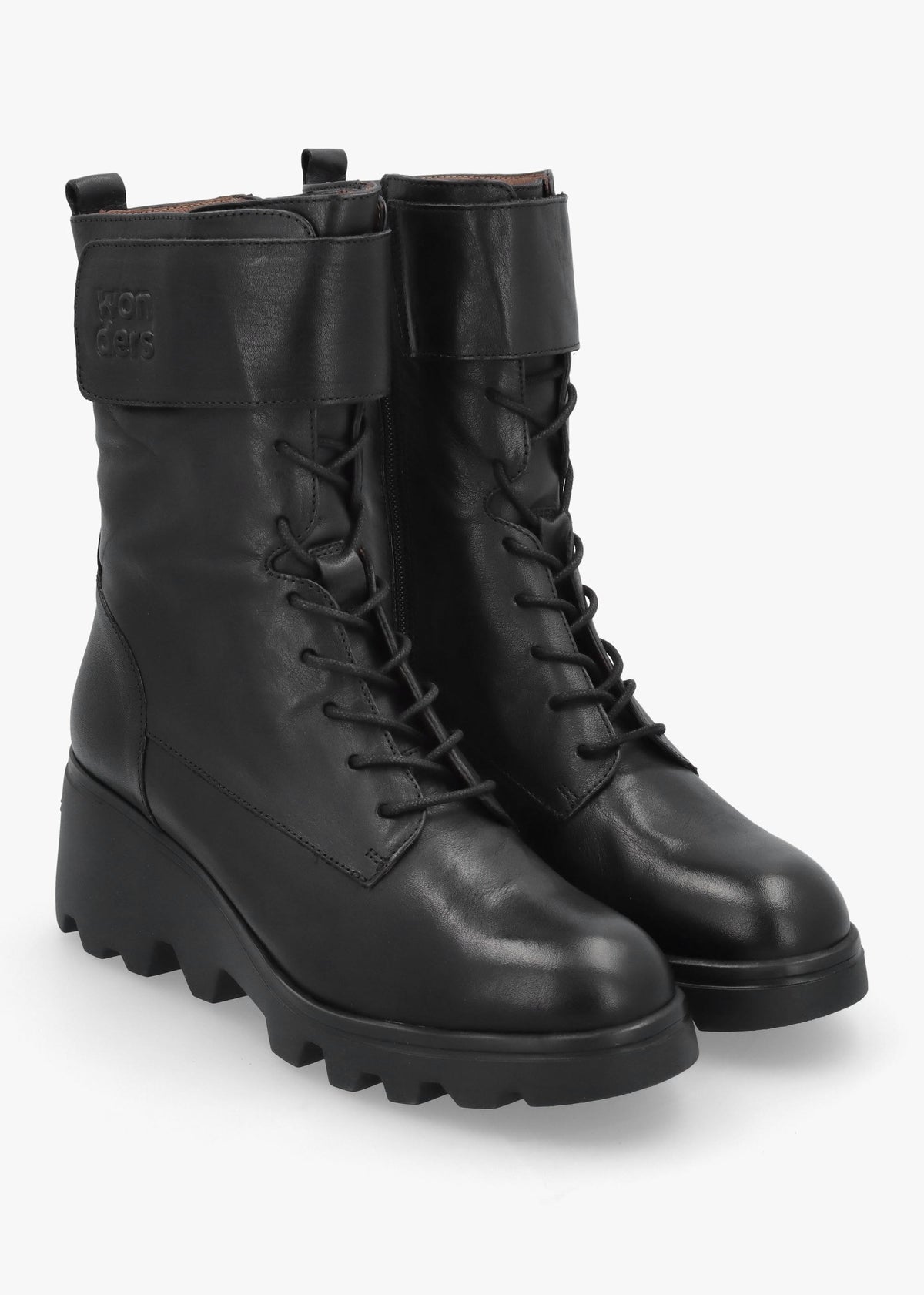 Wonders Black Leather Cleated Wedge Ankle Boots