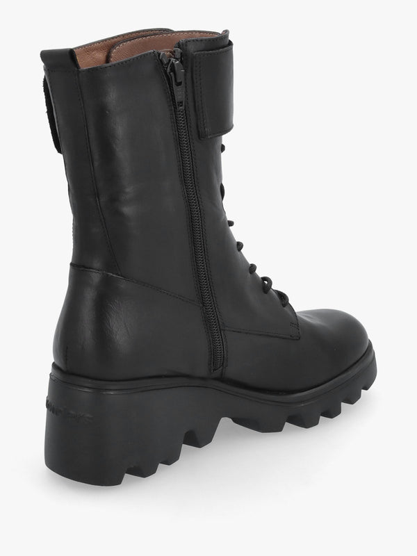Wonders Black Leather Cleated Wedge Ankle Boots