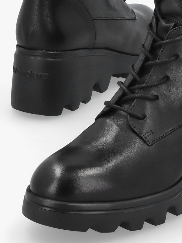 Wonders Black Leather Cleated Wedge Ankle Boots