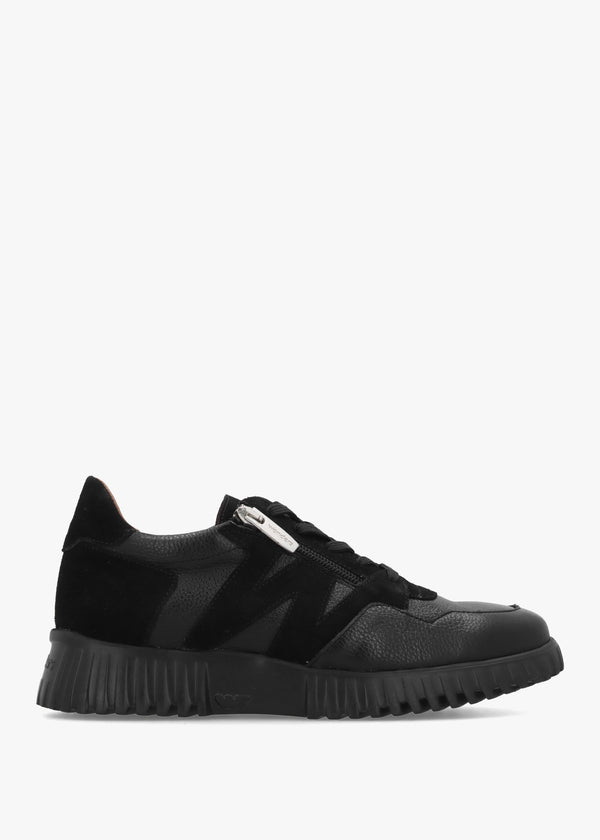 A-4424 Black Leather Chunky Low Wedge Trainers