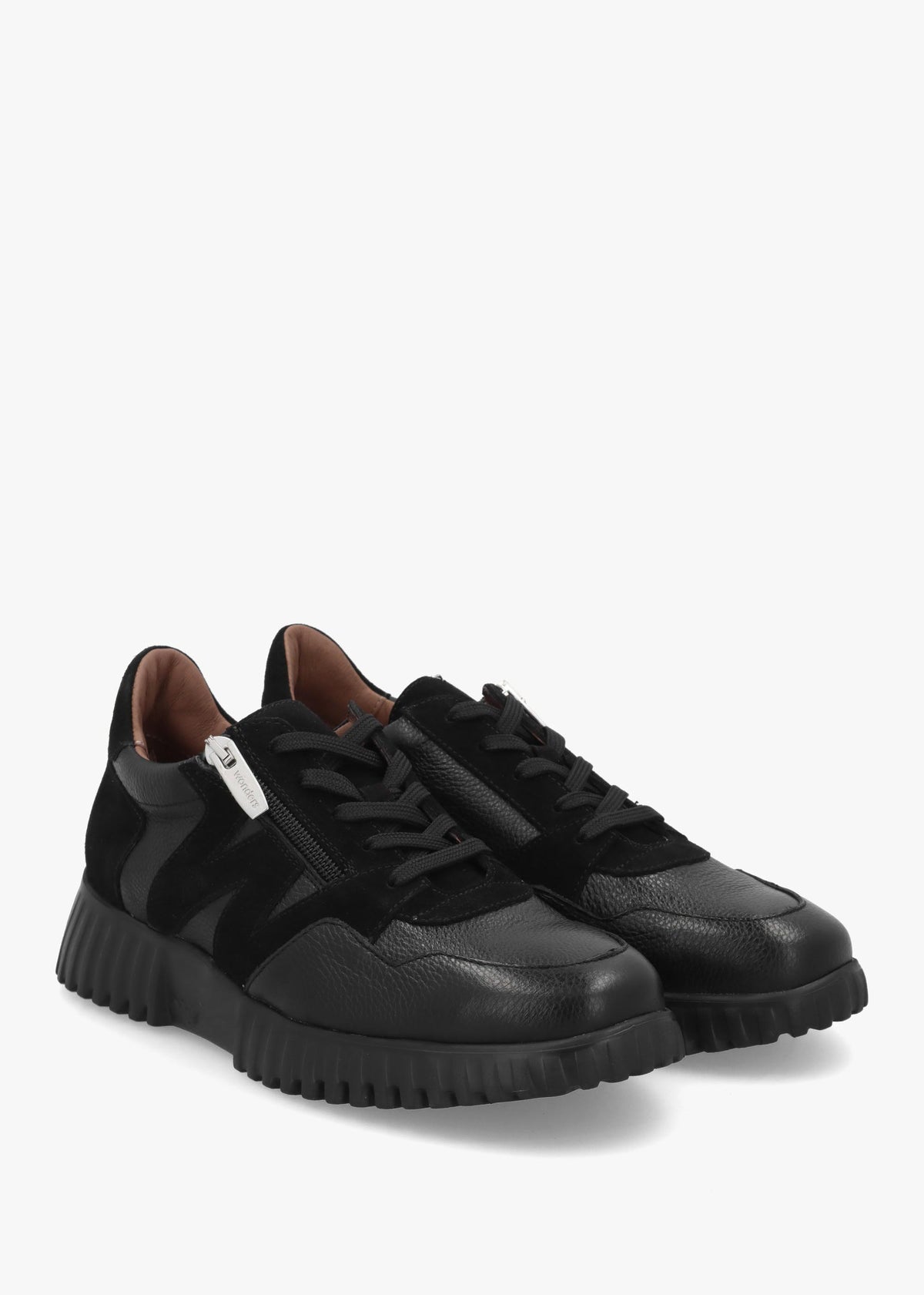 A-4424 Black Leather Chunky Low Wedge Trainers