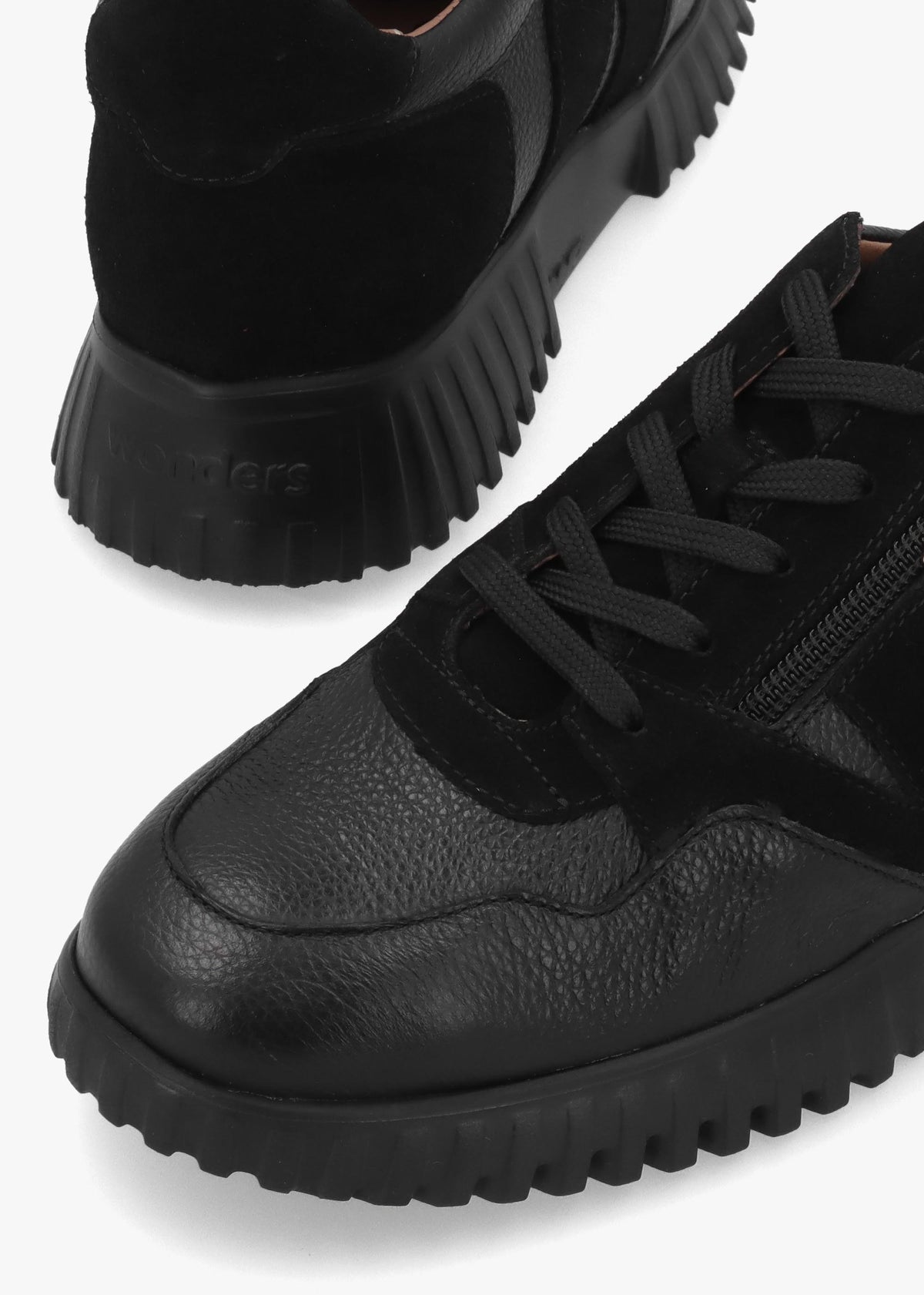 A-4424 Black Leather Chunky Low Wedge Trainers