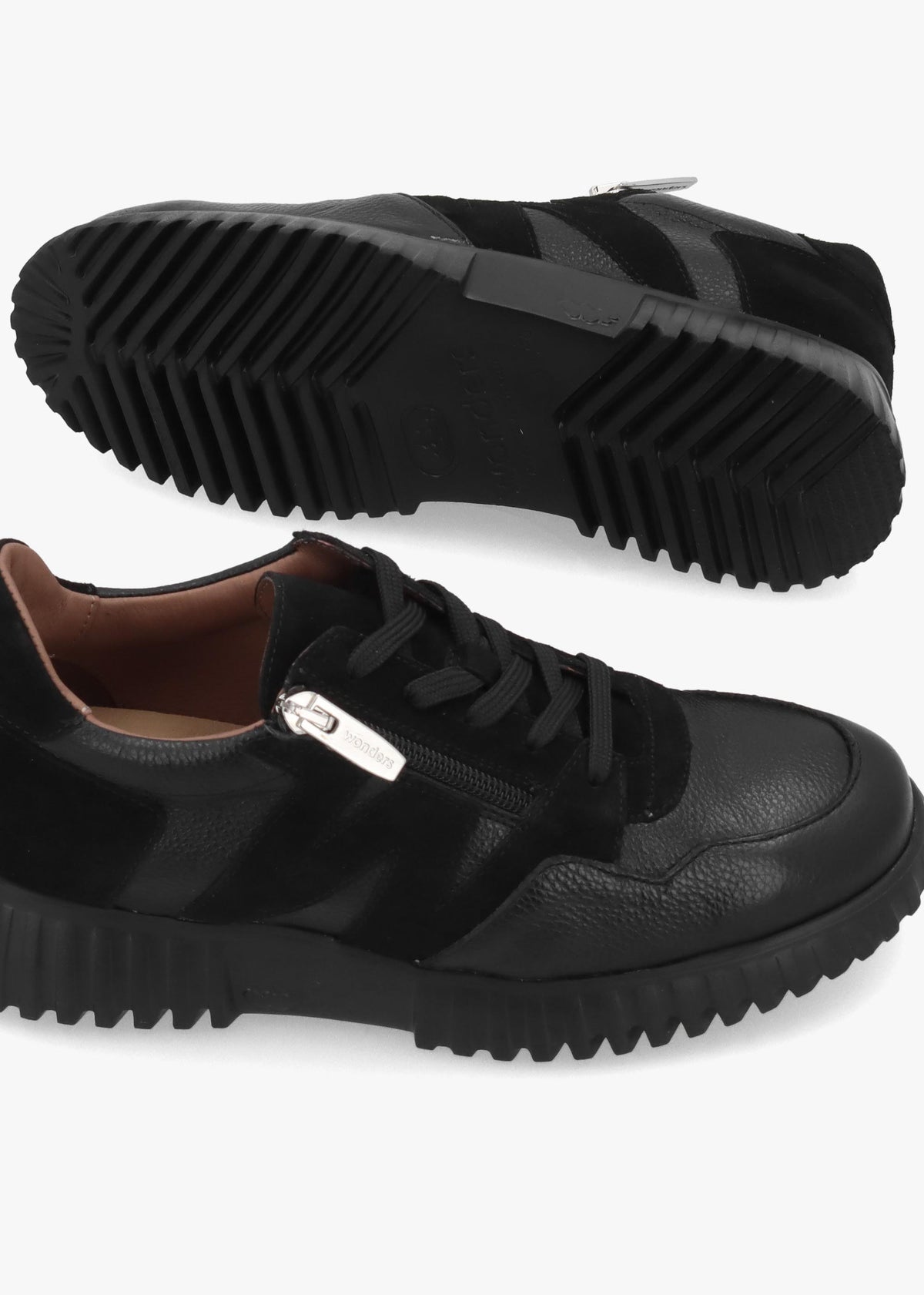 A-4424 Black Leather Chunky Low Wedge Trainers