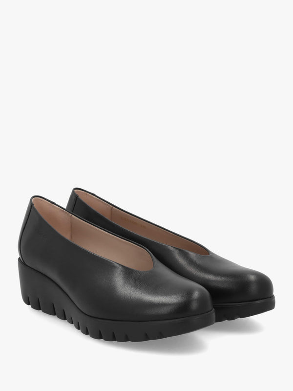 Wonders Flyer Black Leather Wedge Court Shoes