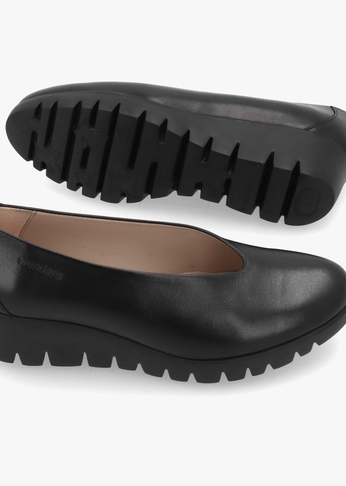 Wonders Flyer Black Leather Wedge Court Shoes