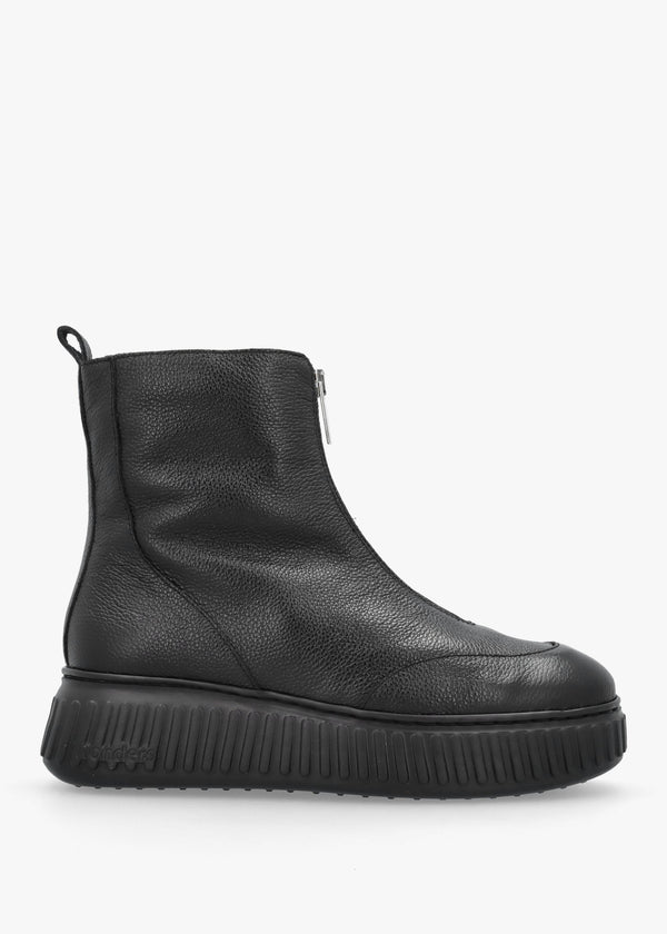 A-5202 Black Leather Front Zip Ankle Boots
